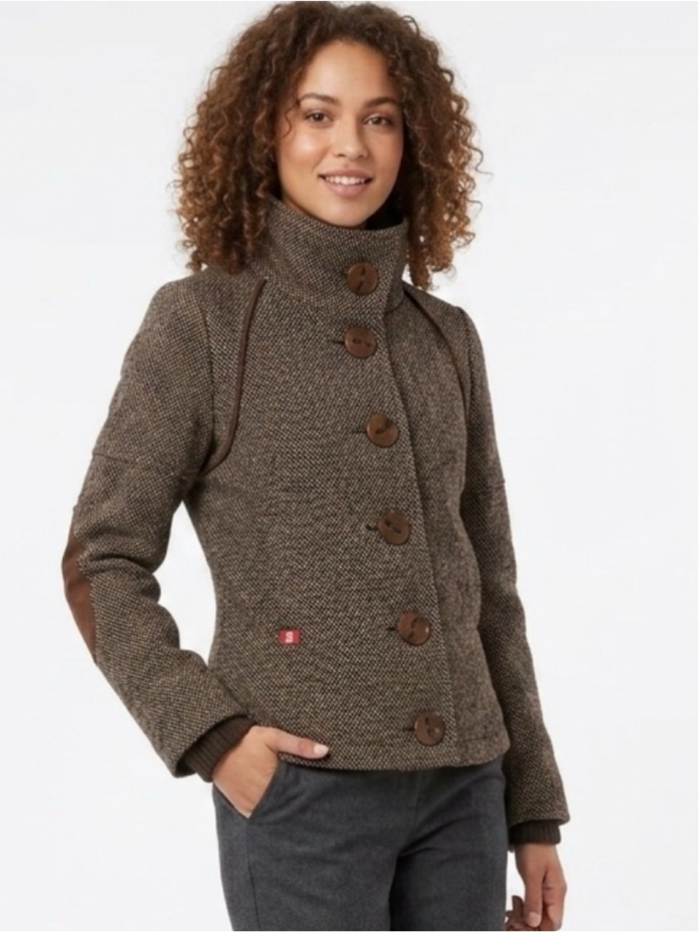 Women's Gezipani Virgin Wool Blend Cropped Tweed Jacket with Elbow Patches Small